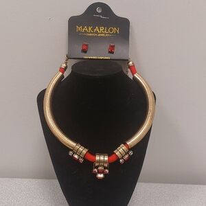 Makarlon Aged Gold Toned Red Rhinestone Statement Necklace And Earrings